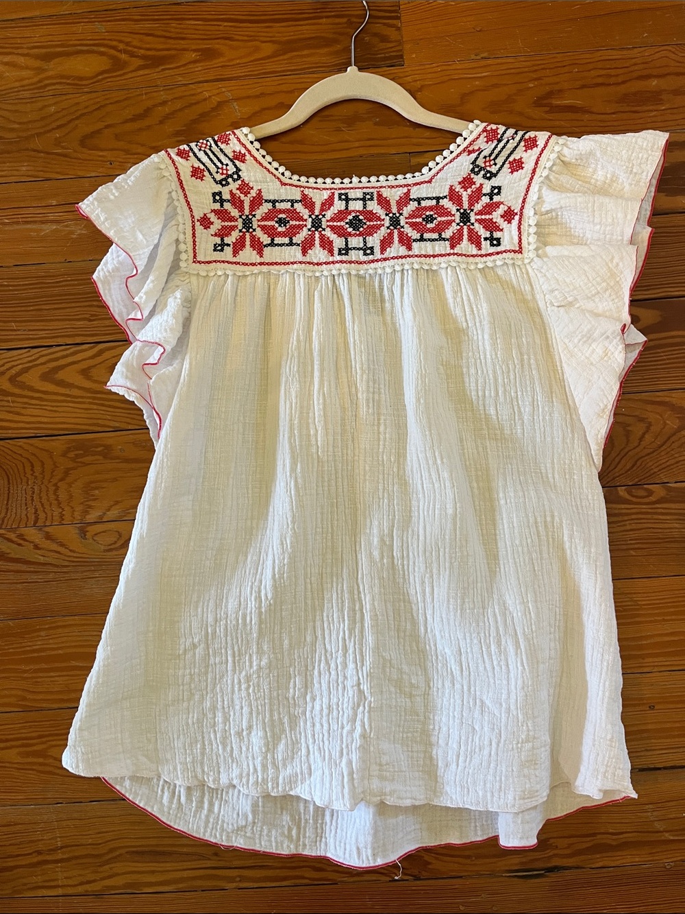 Max Studio Ivory Gauze Peasant Blouse with Red & Black Embroidered Yoke